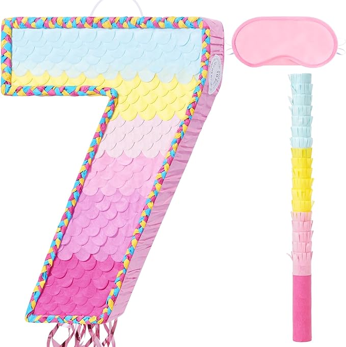 WERNNSAI Number 7 Piñata – Pink 7th Birthday Party Decorations Rainbow Ombre Seven Piñata for kids girls with Blindfold and Stick for 7 Year Birthday Supplies Princess Anniversary Decoration