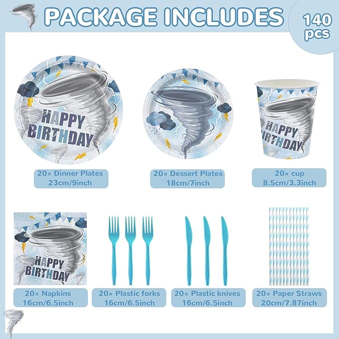 120 Pcs Tornado Birthday Party Decorations Two nado Party Supplies Includ Paper Plates Napkins Cups Forks Knives and Straw Tableware Set Serve 20