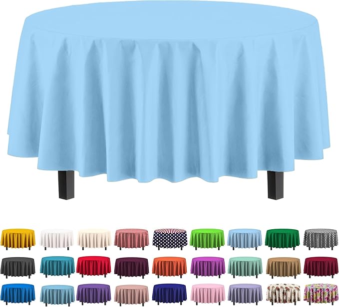 Exquisite 12-Pack Premium Plastic Tablecloth 12-Pack Premium Plastic Tablecloth 84in. Round Table Cover - Light Blue