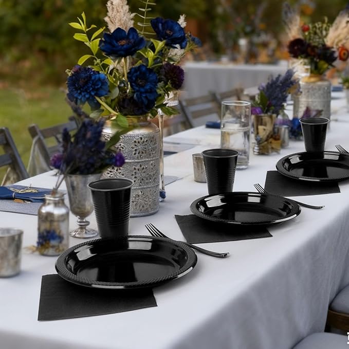 200pcs Black Plastic Party Plates Set, Disposable Black Plates and Napkins for Party, 50 Of Each 9" Dinner Plate, Napkins, Cups & Cutlery Plastic Dinnerware for Retirement, Graduation, Birthday, BBQ