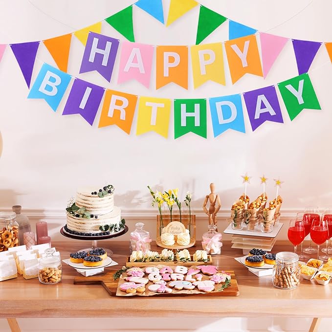 Irenare 4 Pieces Happy Birthday Banner Colorful Birthday Party Decor Rainbow Felt Garland Banner Party Decorations Supplies (Macaron Color)