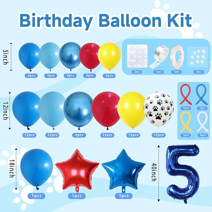 5th Birthday Decorations Boy, Dog Paw Fifth Birthday Balloons Arch with Red Blue Yellow Long Latex Balloons and Number 5 Balloon Star Foil Balloon for Paw Party Supplies