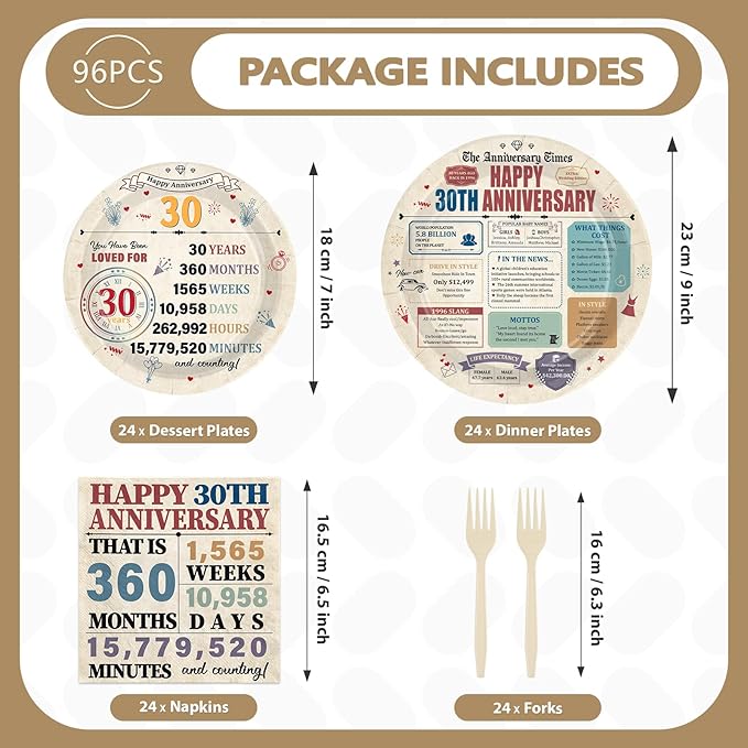 96Pcs 30th Anniversary Party Decorations Retro 30 Years Plates and Napkins 30th Anniversary Disposable Tableware Set for Vintage 30 Year Wedding Company Party Supplies Serves 24
