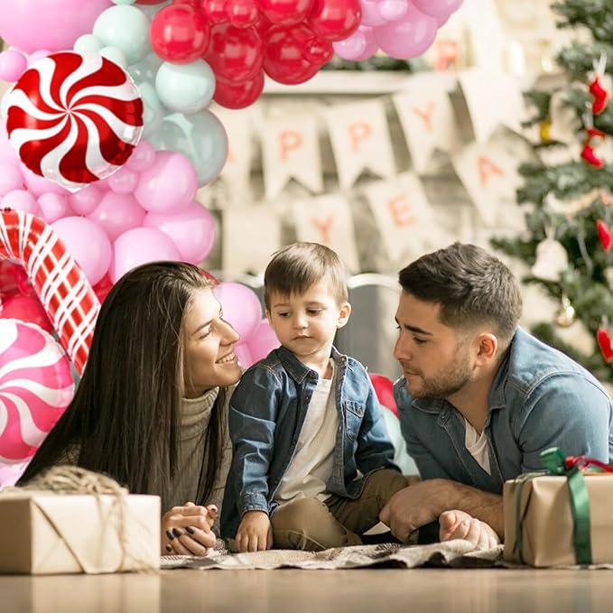 Merry Christmas Balloon Arch Kit Pink Balloon Garland, 112pcs Christmas Decorations Pink Red Green Balloons with Windmill Cane Foil Balloon, Baby Shower Xmas Party Supplies Decor