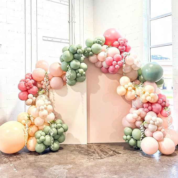 Pink and Green Balloons, 60Pcs 12 Inch Sage Green Pink Sand White Gold Confetti Balloons for Boho Baby Shower Jungle Woodland Floral Fairy Birthday Party Decorations