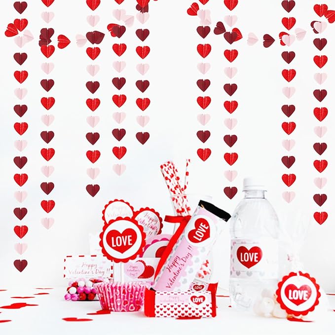 Valentines Day Pink Red Party-Decorations Heart-Garland - 39Ft 3D Burgundy Proposal Romantic Special Night Galentines Hanging Paper Streamers Banner,Engagement Wedding Baby Bridal Shower Decor Ouruola