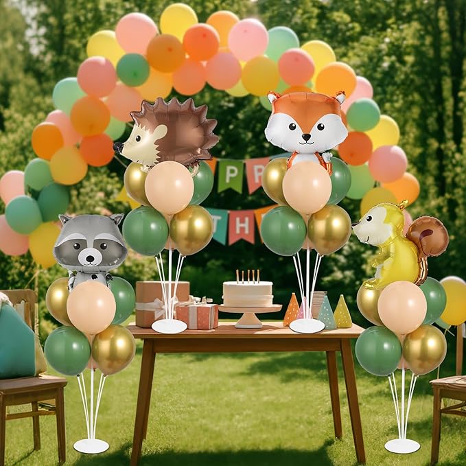 4 Sets Woodland Animals Party Balloons Stand Kit with Hedgehog Raccoon Fox Squirrel Foil Balloons Sage Green Brown Party Balloon Centerpiece for Tables for Forest Safari Jungle Birthday Party Decor