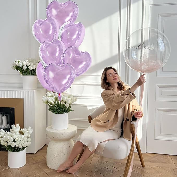 TONIFUL 30Pcs 18 Inch Light Purple Balloons Pastel Purple Heart Shape Foil Mylar Banners Decoration for Birthday Valentine's Day Wedding Bridal Shower Anniversary Engagement Party Supplies