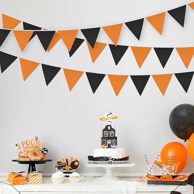 GCQQ Black Orange Banner Decoration 40Ft Halloween Pennant Banner 42Pcs Fabric Cotton Triangle Pennant Flags Banners for Fall Halloween Grad Birthday Bridal Shower Wedding Party Decor