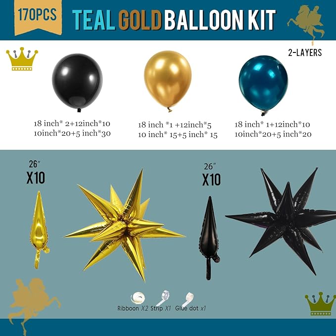 Chrome dark Teal and gold black Balloon Garland Kit 170Pcs Double-Stuffed Navy Teal Blue With Starburst Balloons for Birthday Luxury shop happy grad eve decorations 2025