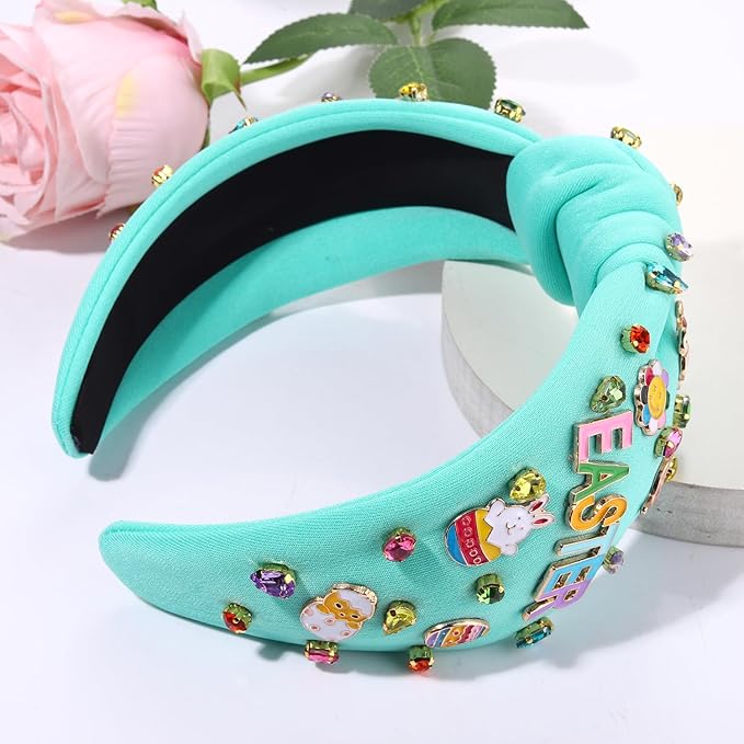 Easter Headband Spring Accessories for Women Easter Egg Bunny Knotted Headband Colorful Crystal Top Knot Headbands Spring Hair Accessories Gifts (EASTER-Blue)