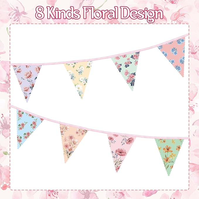 2PCS Floral Paper Garland, 13ft Vintage Wildflower Bunting Triangle Banner for Tea Party Birthday Baby Shower Wedding Garden Party Mother's Day