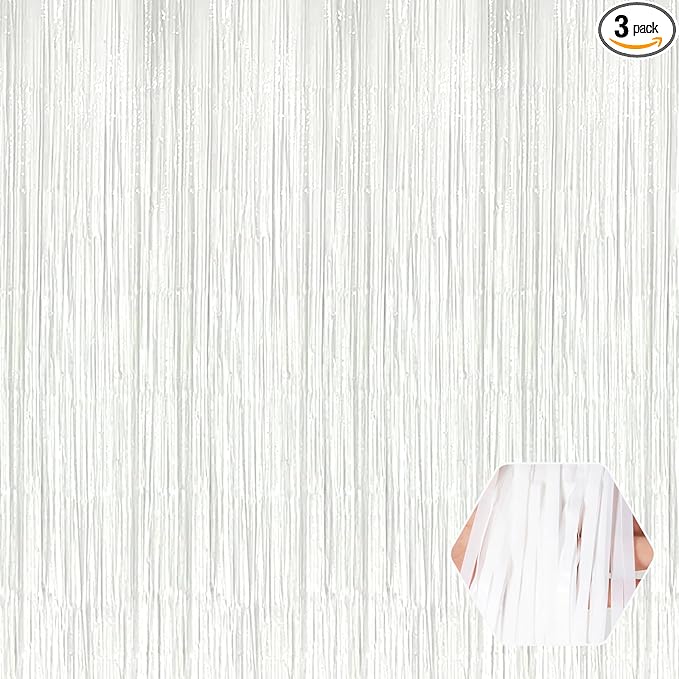 3 Pack White Foil Fringe Curtain Backdrop, 3.28Ft x 8.2Ft Metallic Tinsel Foil Fringe Streamer Curtains for Photo Booth, Mother's Day, Easter, Birthday, Wedding Party Decorations