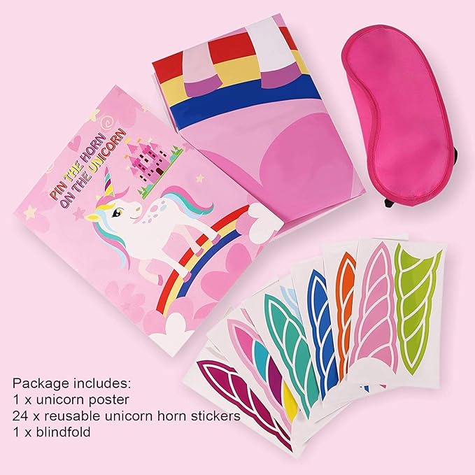 Pin The Horn on The Unicorn Game -Unicorn Party Game for Girls with 21'' x 28'' Poster, Reusable Horn Stickers Party Supplies for Kids Girls Birthday Party Favor Sets