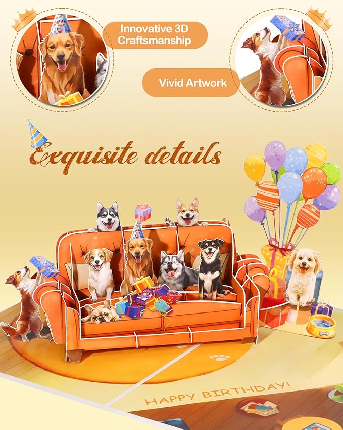 Dog Pop Up Birthday Card with Envelope - Funny Happy Birthday 3D Greeting Pop Up Card with Blank Note, Best Gifts for Women Men Adult Kids Dog Lover Mom or Dad