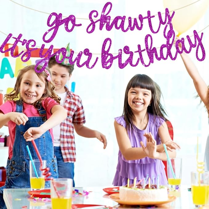 BEISHIDA Purple Go Shawty It's Your Birthday Banner - NO DIY - Hip Hop Theme Glitter Happy Birthday Banner - Pre-Strung - Purple Rap Theme Happy Birthday Sign for Man Women birthday Party Supply