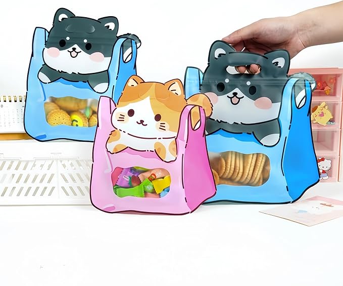 FERENLI 20 Pack Cartoon Gift Bags with Handle Clear Window Self Sealing Snacks Plastic Goodie Bags for Birthday Baby Shower Party Favor (9.8x10.2 inch, Mixed)