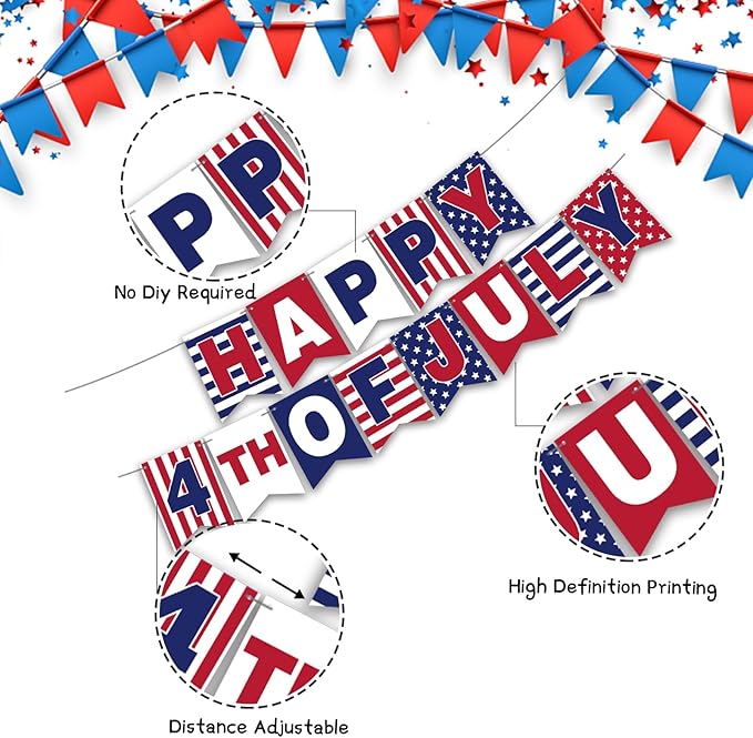 YQUQWN 4th of July Banner - Happy 4th of July Banner for Independence Day Decorations, Patriotic Party Supplies