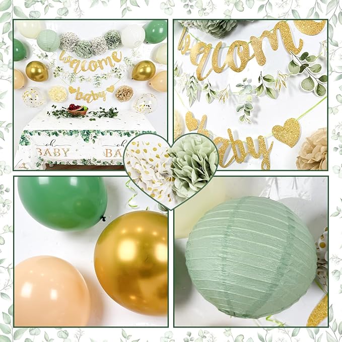Baby Shower Decorations Sage Green Welcome Baby Sign Banner with Green Balloons Oh Baby Tablecloth Gender Neutral Baby Items Paper Pom Poms Decorations for Gender Reveal Party Supplies