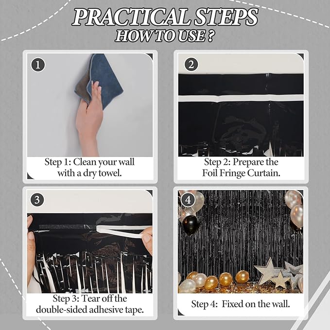 2 Pack Foil Fringe Backdrop - Black Shiny Tinsel Curtains for Party Decoration/Photo Booth Props - 3.3x6.6 FT Metallic Foil Backdrop for Birthday, Wedding, Graduation, Christmas.