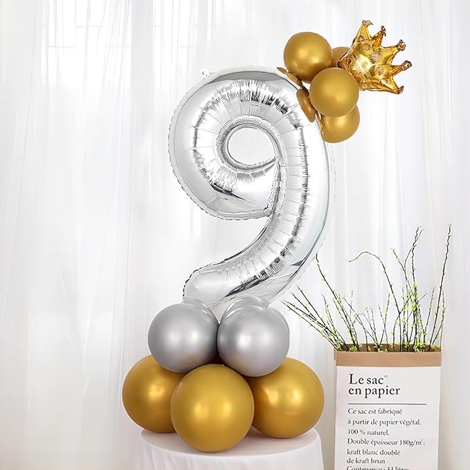 16 In Silver Large Numbers Balloons 0-9, Self Inflating Number 9 Balloons for Boys Girls, Big Silver Digit 9 Balloons for Women Men Birthday Party Anniversary Wedding Supplies Decorations
