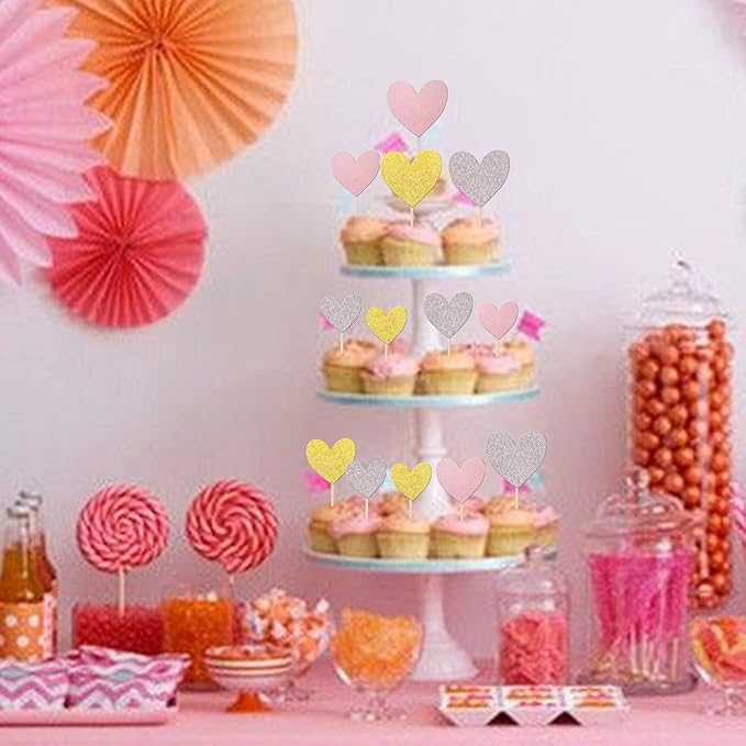 30 PCS Love Heart Cupcake Toppers Glitter Sweet Love Cupcake Picks Bridal Shower Cake Decorations for Wedding Engagement Valentine's Day Baby Shower Birthday Party Supplies Gold Silver Pink