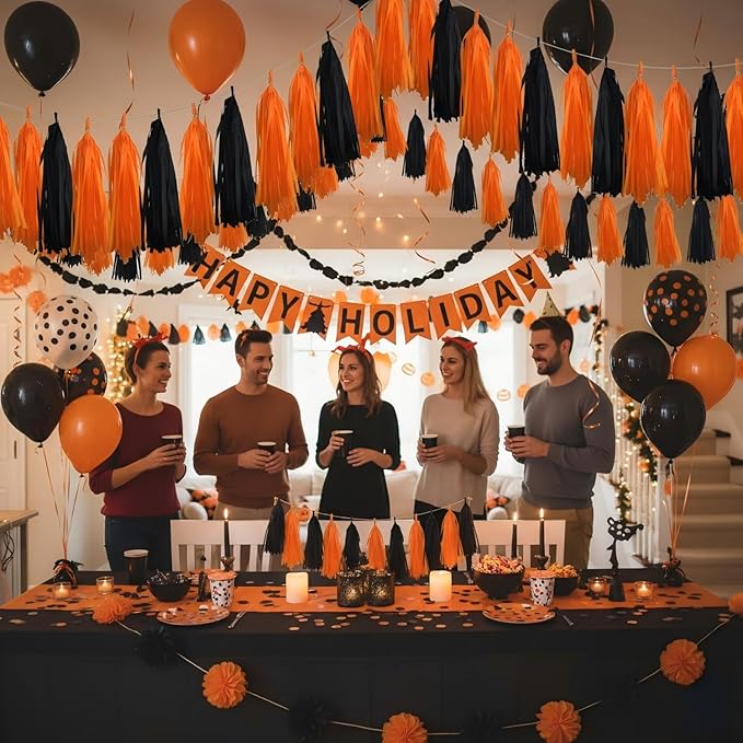 20Pcs Black and Orange Paper Tassel Garland,Tissue Tassel Banner for Halloween Party Decorations