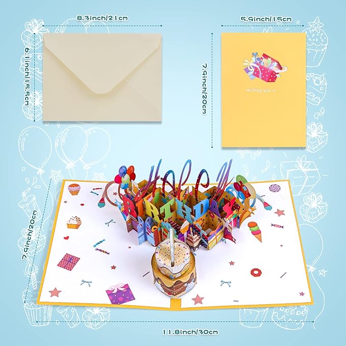 Olatay 3D Musical Birthday Popup Card, Blowable/Blow Out LED Light Candle and Play Happy Birthday Music for Kids Men and Women