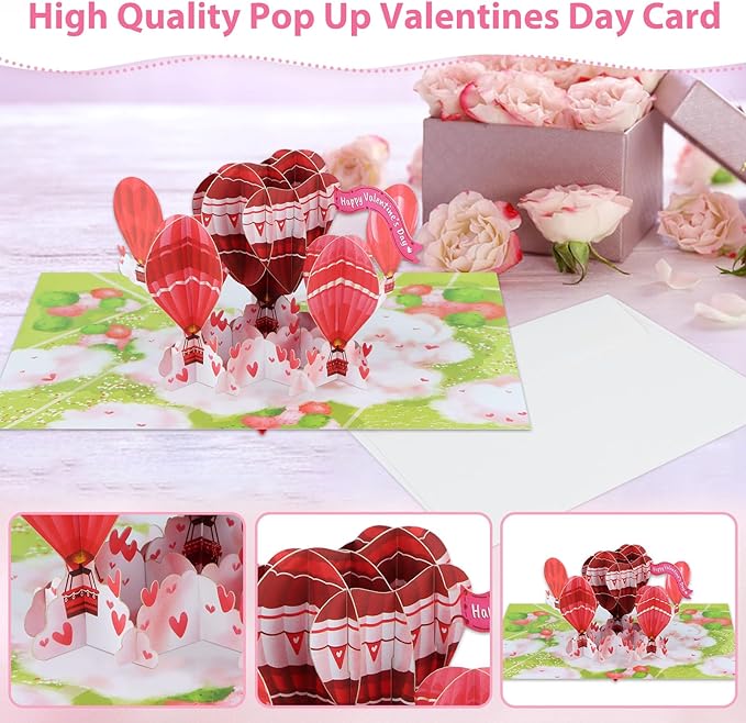 FaCraft Valentines Day Card - 3D Hot Air Balloon Happy Pop Up Valentines Cards with Envelope, Balentines Day Gift for Him Her Wife Husband Boyfriend Adults
