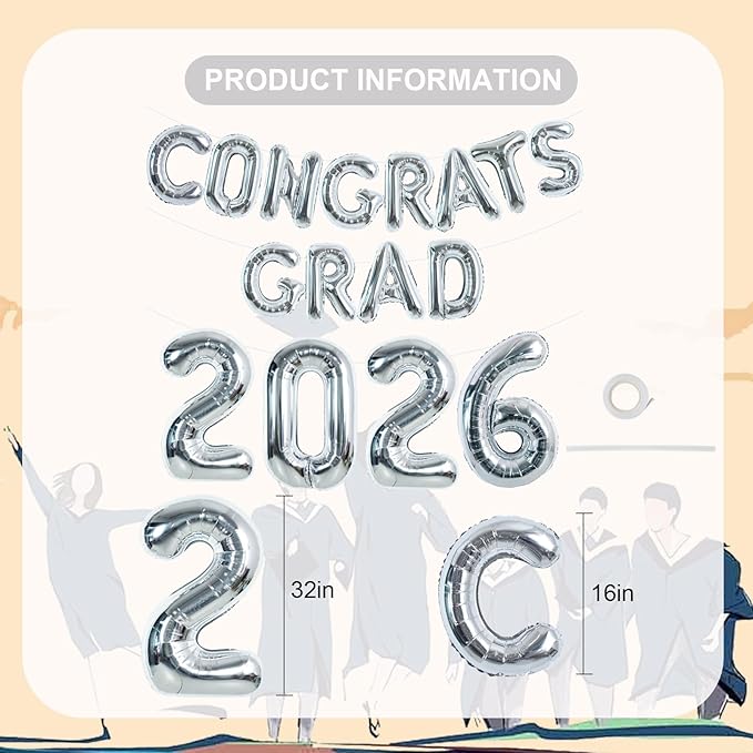 TONIFUL Graduation Balloons 16 Inch Silver Grad Balloons 40 Inch Silver Large Number 2026 Foil Balloons for 2026 Graduation Party Graduate Congratulations 2026 Congrats Grad Decorations