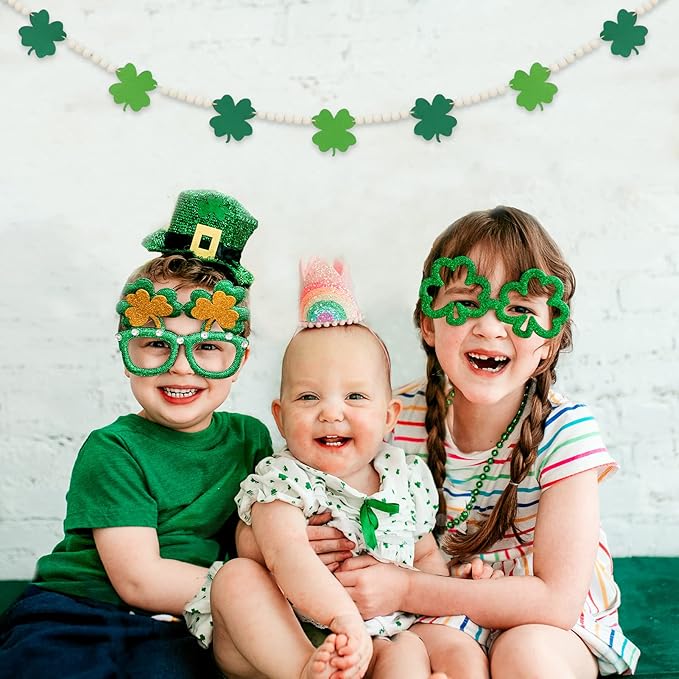 DAZONGE St. Patrick's Day Decorations, Wood Bead Shamrock Garland for St. Patrick's Day Decor, Lucky Felt Shamrock Garland for Mantel Wall Decor