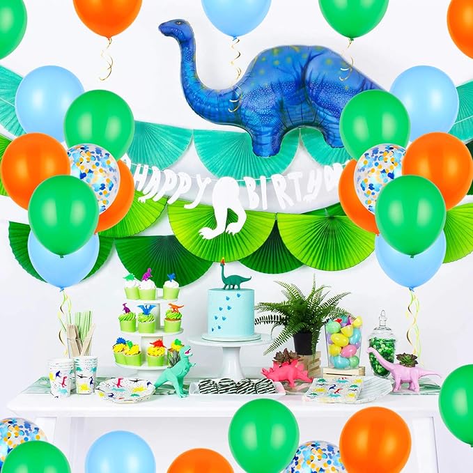 Orange Blue and Green Latex Balloons with Confetti Balloons for Dinosaur Baby Shower Birthday Party(80 Packs)