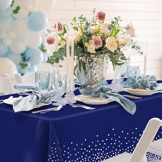 Mulbozy 2 Pcs Navy Blue Plastic Tablecloth Silver Dot Blue Table Cloths, 54×108 inches Disposable DarkBlue Table Cover for Anniversary Friendsgiving Fine Dining Graduation Party Decoration