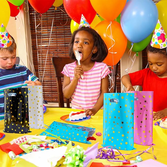 HABILE Happy Birthday Party Favor Bags 36 PCS Plastic Gift Bags with Glitter Stars for Children, Babies, Girls and Boys Birthdays
