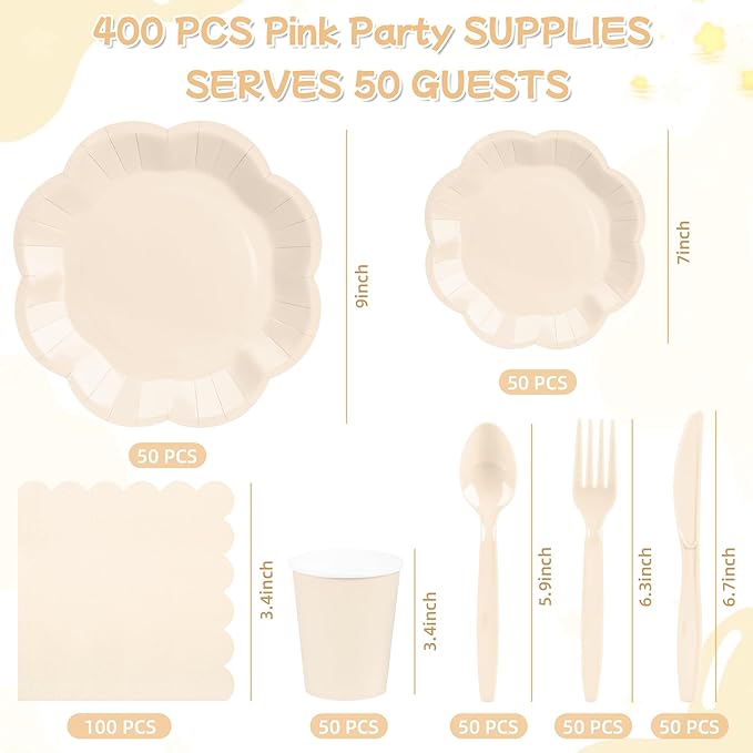 400 Pcs Ivory Paper Plates and Napkins Tableware Set, Ivory Birthday Decorations for 50 Guests Include Scalloped Paper Plate Napkins Cups Plastic Knives fork and spoon for Baby Shower Wedding Birthday
