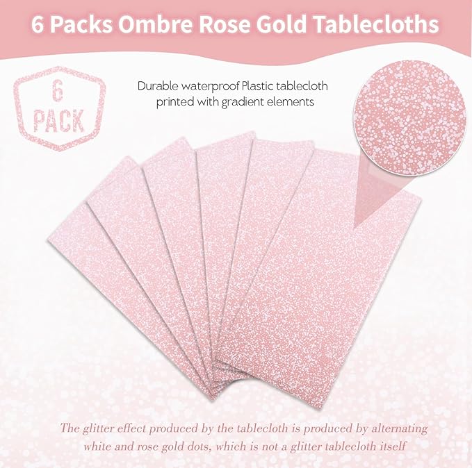 Kesfey 6 Packs Ombre Rose Gold Tablecloth 54 x 108 Inch Gradient Pastel Rose Gold Sequin Table Cloths Rectangle Disposable Plastic Rose Gold Sprinkle Glitter Table Cover for Birthday Party Decorations