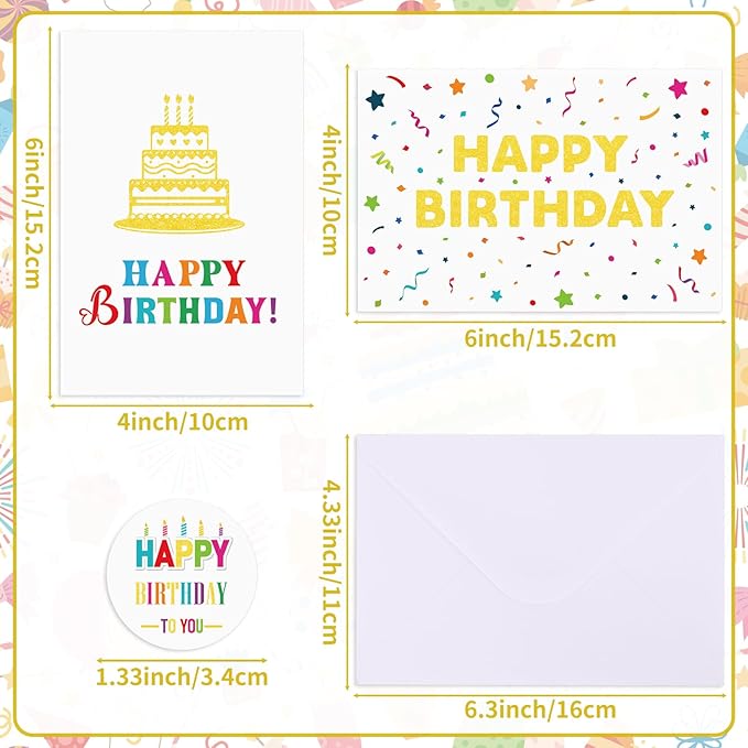 Hooqict 120 Pack Assorted Gold Happy Birthday Cards Bulk with Envelopes and Stickers 4x6 Inch Thick Card Stock Blank Birthday Card Set for Kids Girls Boys Men Women Family Classroom Office Business