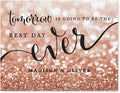Andaz Press Personalized Wedding Party Signs, Glitzy Rose Gold Glitter, 8.5x11-inch, Tomorrow is Going to be the Best Day Ever Rehearsal Dinner Sign, 1-Pack, Bokeh Colored Party Supplies, Custom