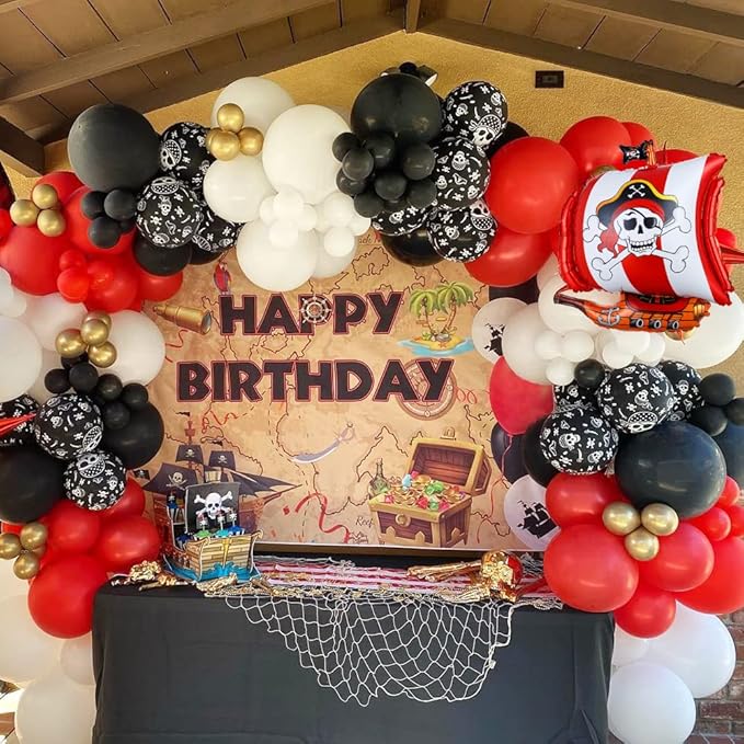 120pcs Pirate Balloon Garland Kit, Red Black White Skull Metallic Gold Balloons Arch for Pirate Ship Theme Sea Sailing Graduation Halloween Baby Shower Boys Birthday Party Decoration Supplies