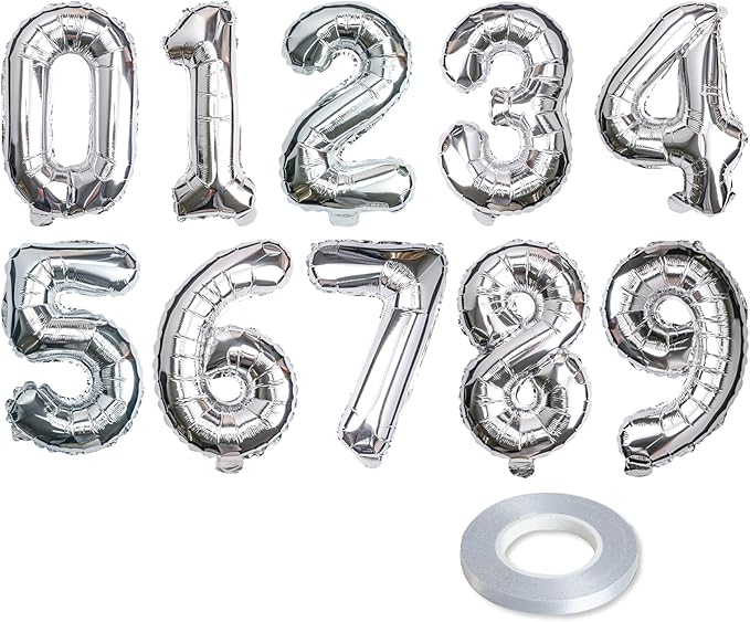 [10] 16" Number Silver Foil Balloons 0-9 set, Mylar Aluminum Hanging Numbers for Graduation Birthday Party Decorations Christmas New Year eve (10 Pcs)
