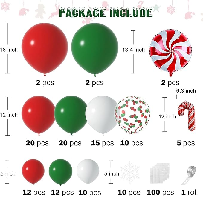Janinus Christmas Balloons Garland Arch Kit Red Green White Balloons christmas Balloon Arch with Snowflakes Ornaments and candy foil balloons for Christmas Decorations Xmas Party Supplies