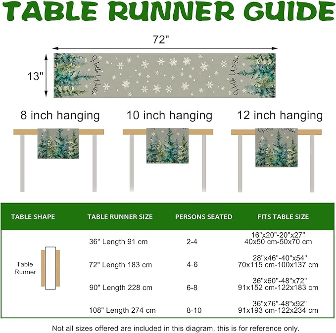 Hello Winter Pine Tree Grey Dining Table Runner, Watercolor Snowflake Burlap Kitchen Decoration, Farmhouse Christmas Indoor Outdoor Home Decor Party Supply 13 x 72 Inches