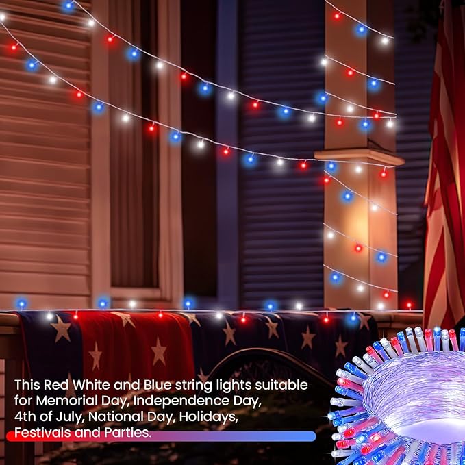 2 Pack Red White and Blue Battery Operated Fairy Lights, 33FT 100LED 4th of July String Lights with Timer, 8 Modes Waterproof Patriotic Twinkle Light Indoor Outdoor for Independence Day Memorial Day