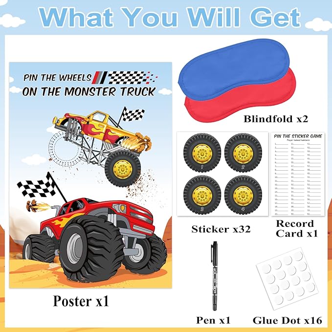 WNINK Pin The Wheels On The Monster Truck Games, Pin The Tail Game Truck Birthday Game with 32 Tyres Stickers, 2 Blindfolds for Car Theme Birthday Party Gifts