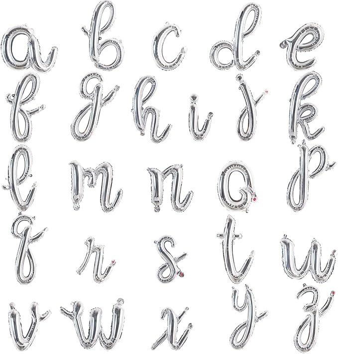 TONIFUL 52 Pcs 16 Inch Silver Cursive Letter A-Z Balloons,Cursive Custom Phrase Foil Alphabet DIY Personalized Phrase Banner for Birthday Anniversary Celebration Graduation Party Supplies Decor