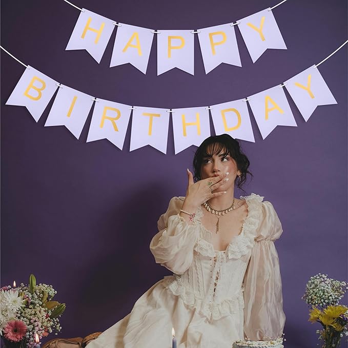 lavender Happy Birthday Banner Purple - Hanging Backdrop Sign with Gold Letters, Happy Birthday Sign Bunting Decorations for Women men Kids Baby Shower Party Supplies (13pcs)
