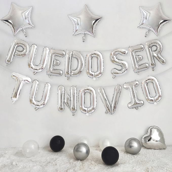 2 Set 30Pcs Silver PUEDO SER TU NOVIO Letter Balloons 16in Balloon Foil Letter Decorations Party Decor Silver Letter Balloons PUEDO SER TU NOVIO Party Supplies