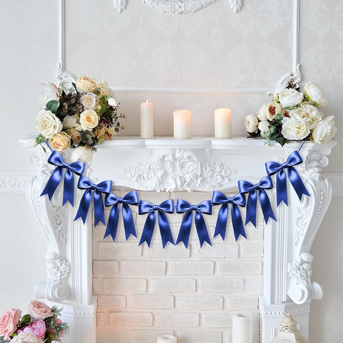 2 Strings of 16PCS Navy Blue Bow Garlands Banner Decoration,Pre-Strung Satin Ribbon Ornaments for Birthday,Bachelorette Party,Bridal Shower,Wedding,Engagement,Baby Shower,Graduation Decor,Anniversary
