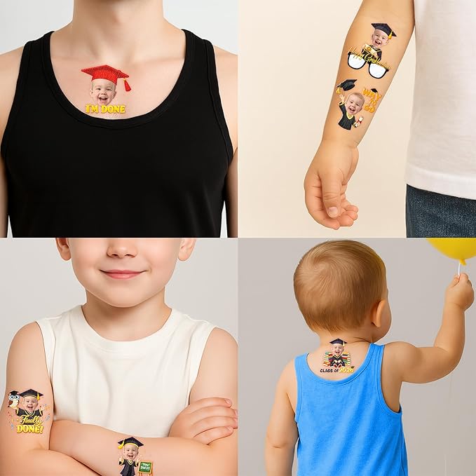 Custom Graduation Temporary Tattoos for Kids - Personalized Pre-Cut Face Photo Tattoos - Fun Birthday Party Favors for Boys Girls, Graduation Day - Set of 20 Unique Celebration Gifts