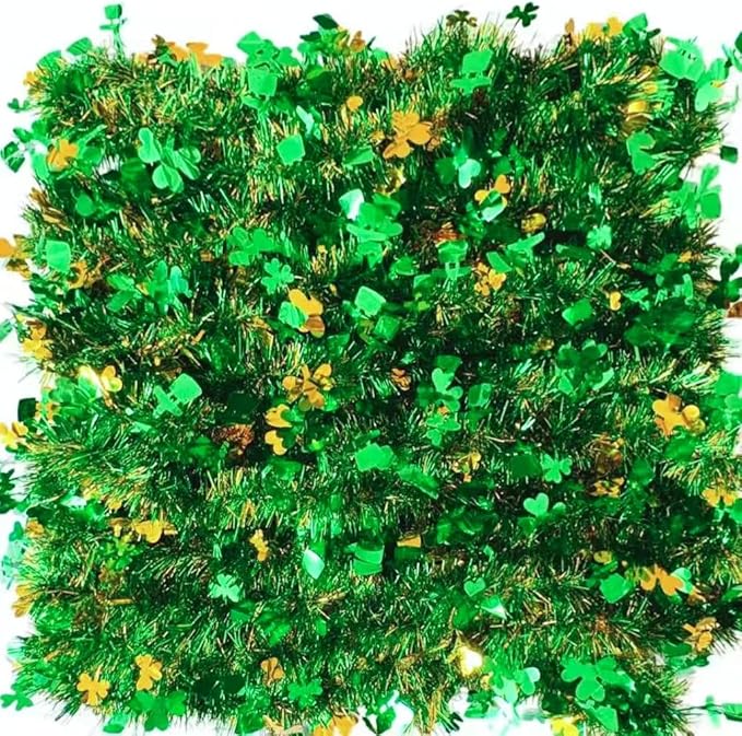 33 FT St Patricks Day Tinsel Garland Decor Gold Green Shamrock Hat Tinsel Garland Metallic Twist Hanging Garland for Home Indoor Outdoor Irish Party Supplies
